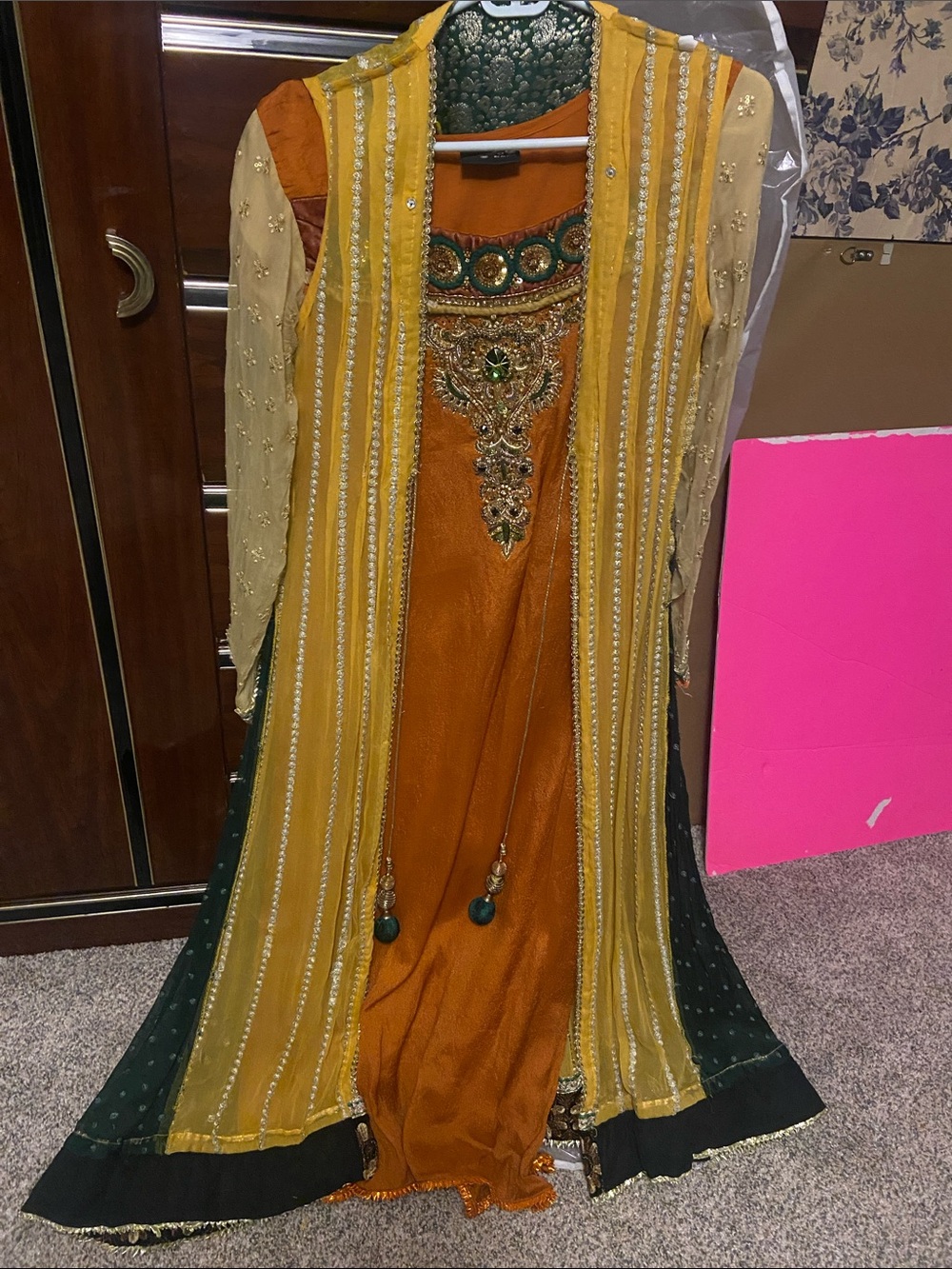 Embroidered Mustard & Orange Long Sleeve Anarkali Kameez Front Open